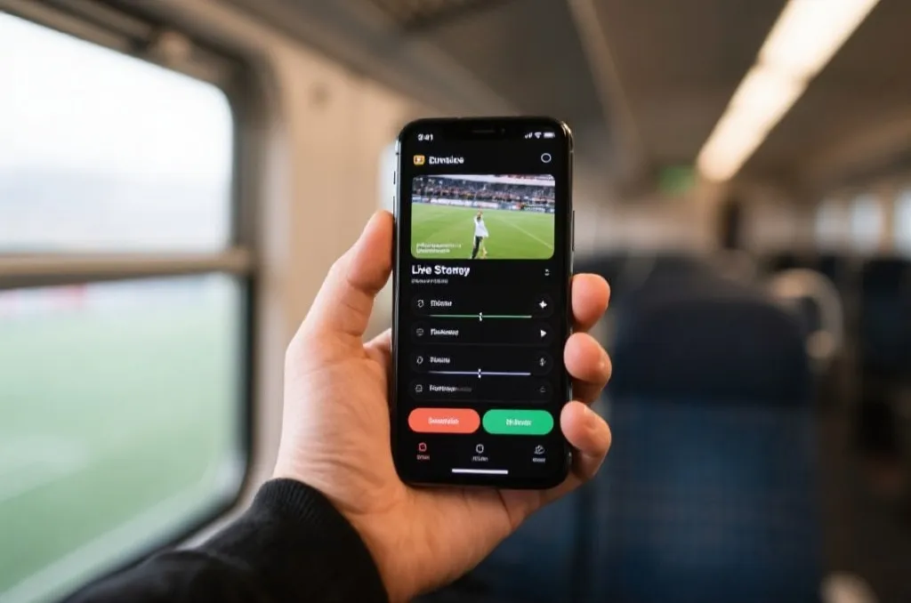 A hand holding a smartphone on a train showing a sports live streaming app with clear UI buttons for line switching