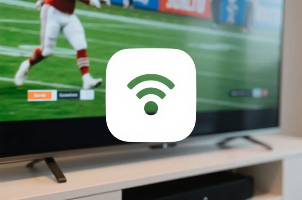A close-up of a television screen showing a high-definition sports event with wireless casting icon