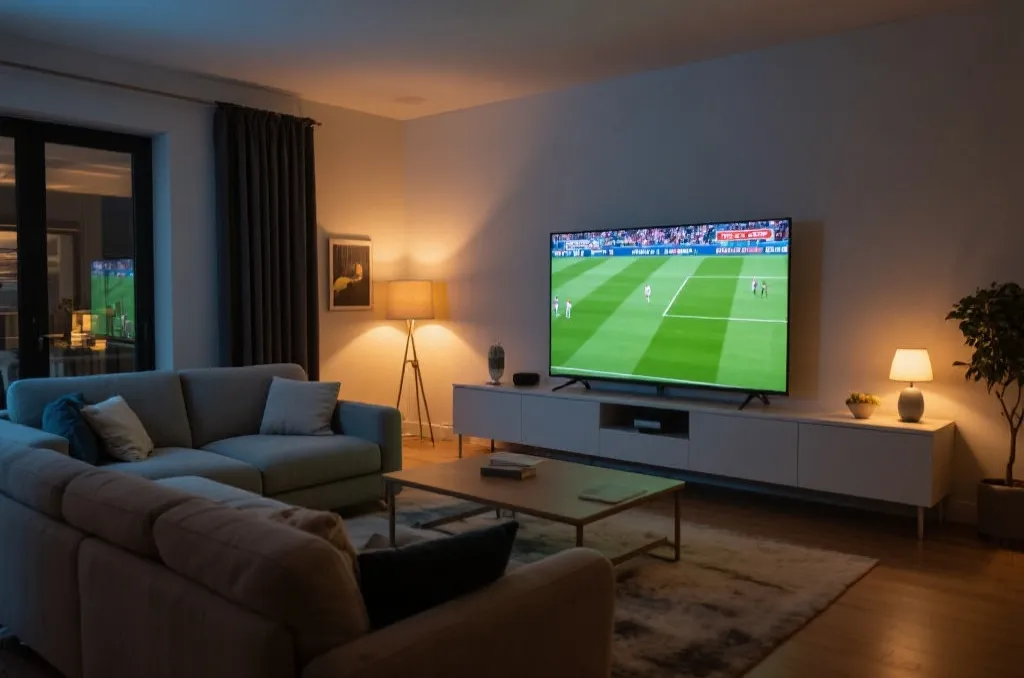 A cozy modern living room with a large television displaying a football match, soft ambient lighting, cinematic style
