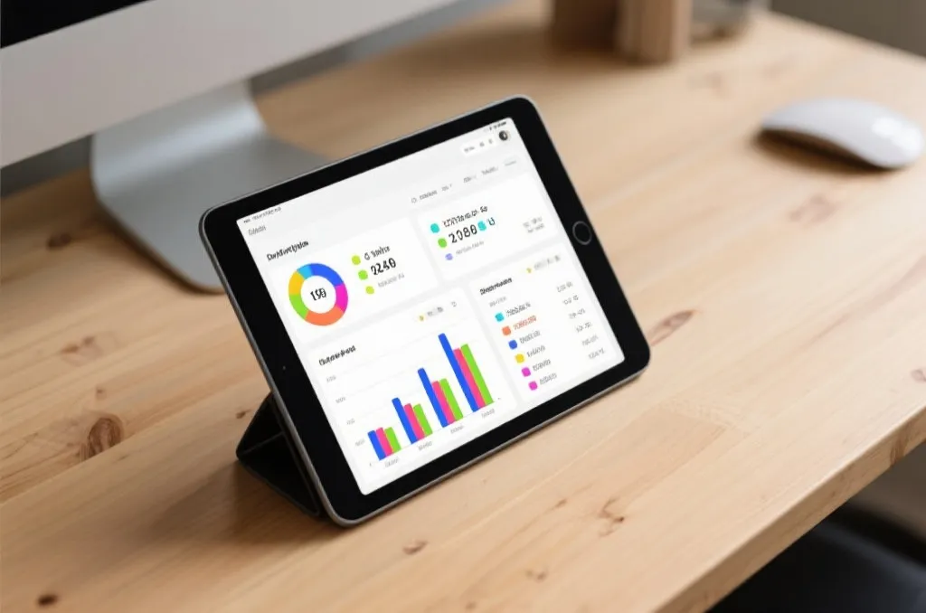 A modern tablet displaying a clean sports statistics dashboard with colorful charts and data